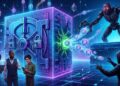 Ilustración digital de estilo ciberpunk que representa un ciberataque a una billetera de criptomonedas. En el centro, una gran caja fuerte digital con múltiples cerraduras expulsa un flujo de monedas virtuales con la letra "R" a través de un puerto lateral abierto. A la derecha, un hacker encapuchado intenta atrapar los fondos, pero un veloz robot metálico se adelanta y los intercepta primero en el aire. A la izquierda, tres personas observan sus teléfonos móviles sin intervenir, mientras que el fondo oscuro está decorado con redes de neón, símbolos de Ethereum y logotipos de unicornios.