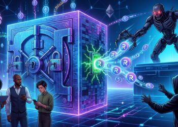 Ilustración digital de estilo ciberpunk que representa un ciberataque a una billetera de criptomonedas. En el centro, una gran caja fuerte digital con múltiples cerraduras expulsa un flujo de monedas virtuales con la letra "R" a través de un puerto lateral abierto. A la derecha, un hacker encapuchado intenta atrapar los fondos, pero un veloz robot metálico se adelanta y los intercepta primero en el aire. A la izquierda, tres personas observan sus teléfonos móviles sin intervenir, mientras que el fondo oscuro está decorado con redes de neón, símbolos de Ethereum y logotipos de unicornios.