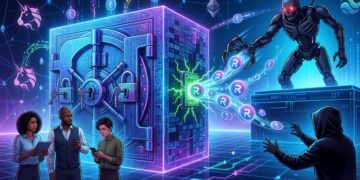 Ilustración digital de estilo ciberpunk que representa un ciberataque a una billetera de criptomonedas. En el centro, una gran caja fuerte digital con múltiples cerraduras expulsa un flujo de monedas virtuales con la letra "R" a través de un puerto lateral abierto. A la derecha, un hacker encapuchado intenta atrapar los fondos, pero un veloz robot metálico se adelanta y los intercepta primero en el aire. A la izquierda, tres personas observan sus teléfonos móviles sin intervenir, mientras que el fondo oscuro está decorado con redes de neón, símbolos de Ethereum y logotipos de unicornios.