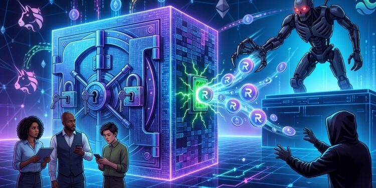 Ilustración digital de estilo ciberpunk que representa un ciberataque a una billetera de criptomonedas. En el centro, una gran caja fuerte digital con múltiples cerraduras expulsa un flujo de monedas virtuales con la letra "R" a través de un puerto lateral abierto. A la derecha, un hacker encapuchado intenta atrapar los fondos, pero un veloz robot metálico se adelanta y los intercepta primero en el aire. A la izquierda, tres personas observan sus teléfonos móviles sin intervenir, mientras que el fondo oscuro está decorado con redes de neón, símbolos de Ethereum y logotipos de unicornios.
