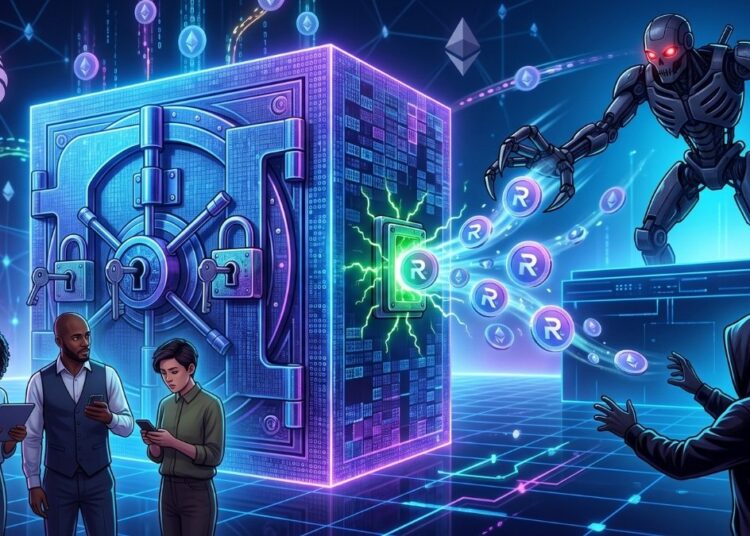 Ilustración digital de estilo ciberpunk que representa un ciberataque a una billetera de criptomonedas. En el centro, una gran caja fuerte digital con múltiples cerraduras expulsa un flujo de monedas virtuales con la letra "R" a través de un puerto lateral abierto. A la derecha, un hacker encapuchado intenta atrapar los fondos, pero un veloz robot metálico se adelanta y los intercepta primero en el aire. A la izquierda, tres personas observan sus teléfonos móviles sin intervenir, mientras que el fondo oscuro está decorado con redes de neón, símbolos de Ethereum y logotipos de unicornios.