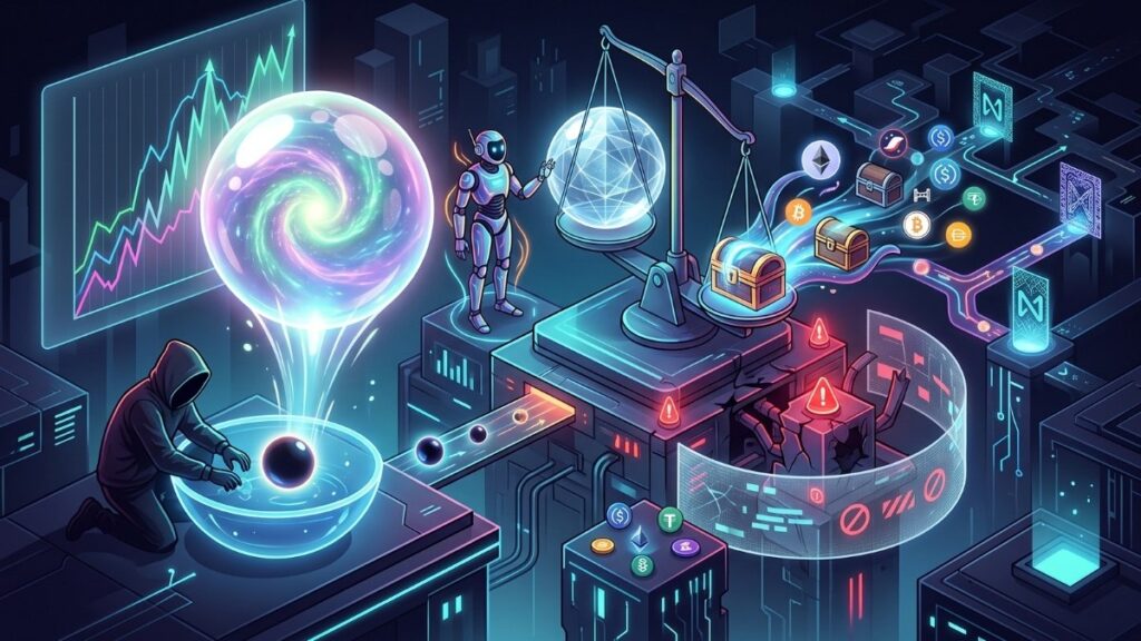 Ilustración digital de estilo ciberpunk donde un hacker encapuchado manipula una pequeña esfera de energía que se expande hasta formar una gigantesca burbuja brillante. Esta burbuja, que representa un token inflado artificialmente, se coloca sobre una gran balanza tecnológica y logra engañar al sistema automatizado, desequilibrándola a su favor para extraer cofres y monedas sólidas que simbolizan criptomonedas reales. La escena captura conceptualmente el drenaje de fondos de un protocolo financiero descentralizado a través de circuitos luminosos y conductos digitales.