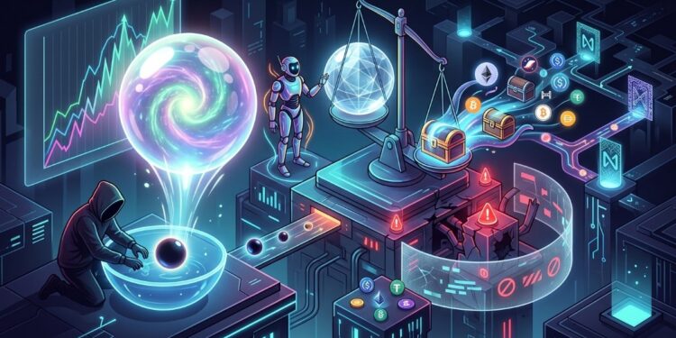 Ilustración digital de estilo ciberpunk donde un hacker encapuchado manipula una pequeña esfera de energía que se expande hasta formar una gigantesca burbuja brillante. Esta burbuja, que representa un token inflado artificialmente, se coloca sobre una gran balanza tecnológica y logra engañar al sistema automatizado, desequilibrándola a su favor para extraer cofres y monedas sólidas que simbolizan criptomonedas reales. La escena captura conceptualmente el drenaje de fondos de un protocolo financiero descentralizado a través de circuitos luminosos y conductos digitales.