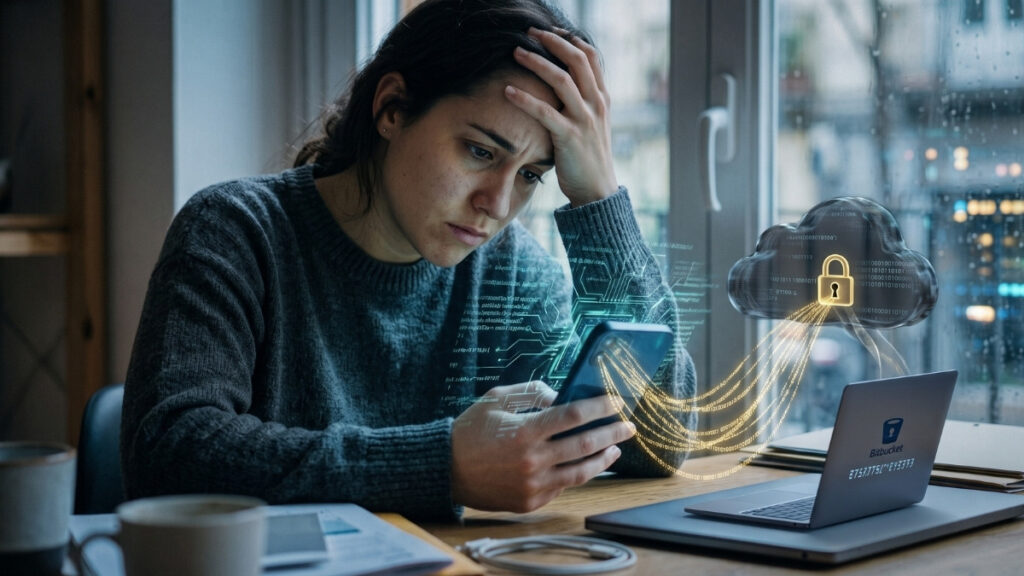 Una mujer sentada frente a un escritorio sostiene un smartphone con una expresión de profunda preocupación y angustia, apoyando su mano sobre la frente. Sobre la mesa hay una computadora portátil cerrada, cables y documentos. En el fondo, una ventana con gotas de lluvia aporta un ambiente sombrío y reflexivo a la escena.