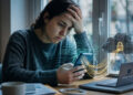 Una mujer sentada frente a un escritorio sostiene un smartphone con una expresión de profunda preocupación y angustia, apoyando su mano sobre la frente. Sobre la mesa hay una computadora portátil cerrada, cables y documentos. En el fondo, una ventana con gotas de lluvia aporta un ambiente sombrío y reflexivo a la escena.