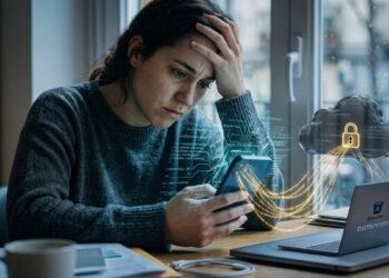 Una mujer sentada frente a un escritorio sostiene un smartphone con una expresión de profunda preocupación y angustia, apoyando su mano sobre la frente. Sobre la mesa hay una computadora portátil cerrada, cables y documentos. En el fondo, una ventana con gotas de lluvia aporta un ambiente sombrío y reflexivo a la escena.