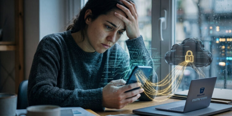 Una mujer sentada frente a un escritorio sostiene un smartphone con una expresión de profunda preocupación y angustia, apoyando su mano sobre la frente. Sobre la mesa hay una computadora portátil cerrada, cables y documentos. En el fondo, una ventana con gotas de lluvia aporta un ambiente sombrío y reflexivo a la escena.