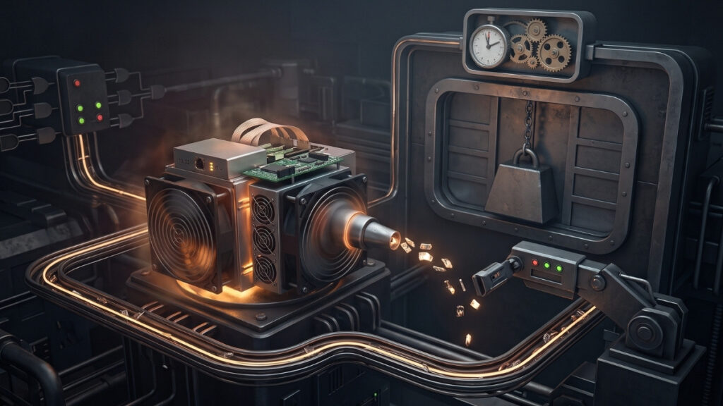 Una representación conceptual en 3D de un equipo de minería operando en un entorno industrial oscuro y mecánico. La máquina central, equipada con ventiladores y placas de circuitos, emite un intenso resplandor naranja por el esfuerzo mientras escupe pequeños fragmentos brillantes (representando los "shares") hacia un sensor robótico. En la estructura metálica del fondo destacan un pesado bloque o candado colgante que simboliza la "dificultad" atascada, y un prominente reloj analógico en la parte superior, ilustrando la solución del temporizador para liberar al equipo varado.