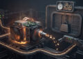 Una representación conceptual en 3D de un equipo de minería operando en un entorno industrial oscuro y mecánico. La máquina central, equipada con ventiladores y placas de circuitos, emite un intenso resplandor naranja por el esfuerzo mientras escupe pequeños fragmentos brillantes (representando los "shares") hacia un sensor robótico. En la estructura metálica del fondo destacan un pesado bloque o candado colgante que simboliza la "dificultad" atascada, y un prominente reloj analógico en la parte superior, ilustrando la solución del temporizador para liberar al equipo varado.