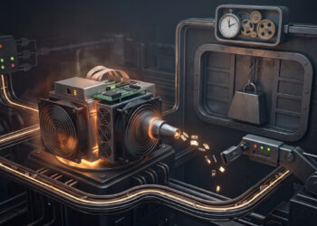 Una representación conceptual en 3D de un equipo de minería operando en un entorno industrial oscuro y mecánico. La máquina central, equipada con ventiladores y placas de circuitos, emite un intenso resplandor naranja por el esfuerzo mientras escupe pequeños fragmentos brillantes (representando los "shares") hacia un sensor robótico. En la estructura metálica del fondo destacan un pesado bloque o candado colgante que simboliza la "dificultad" atascada, y un prominente reloj analógico en la parte superior, ilustrando la solución del temporizador para liberar al equipo varado.