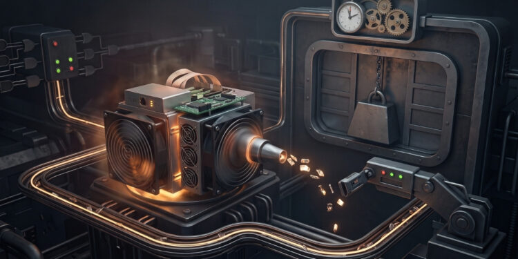 Una representación conceptual en 3D de un equipo de minería operando en un entorno industrial oscuro y mecánico. La máquina central, equipada con ventiladores y placas de circuitos, emite un intenso resplandor naranja por el esfuerzo mientras escupe pequeños fragmentos brillantes (representando los "shares") hacia un sensor robótico. En la estructura metálica del fondo destacan un pesado bloque o candado colgante que simboliza la "dificultad" atascada, y un prominente reloj analógico en la parte superior, ilustrando la solución del temporizador para liberar al equipo varado.