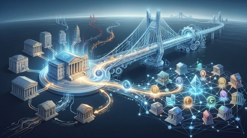 Una ilustración isométrica conceptual muestra la iniciativa "Pontes" del Banco Central Europeo como un puente digital futurista que une dos ecosistemas financieros. A la izquierda se presenta el "Eurosistema" centralizado, con bancos nacionales y la infraestructura de pagos tradicional (TARGET/T2). A la derecha se muestran las "Redes DLT para activos tokenizados", un ecosistema descentralizado con criptomonedas y gestores de fondos. El puente "Pontes" permite la interoperabilidad y la liquidación directa de transacciones mayoristas de activos tokenizados utilizando dinero del banco central, sorteando la necesidad de stablecoins privadas. Flujos de datos y euros cruzan el puente, mostrando cómo convergen las transacciones para su liquidación final.