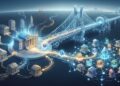 Una ilustración isométrica conceptual muestra la iniciativa "Pontes" del Banco Central Europeo como un puente digital futurista que une dos ecosistemas financieros. A la izquierda se presenta el "Eurosistema" centralizado, con bancos nacionales y la infraestructura de pagos tradicional (TARGET/T2). A la derecha se muestran las "Redes DLT para activos tokenizados", un ecosistema descentralizado con criptomonedas y gestores de fondos. El puente "Pontes" permite la interoperabilidad y la liquidación directa de transacciones mayoristas de activos tokenizados utilizando dinero del banco central, sorteando la necesidad de stablecoins privadas. Flujos de datos y euros cruzan el puente, mostrando cómo convergen las transacciones para su liquidación final.