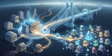Una ilustración isométrica conceptual muestra la iniciativa "Pontes" del Banco Central Europeo como un puente digital futurista que une dos ecosistemas financieros. A la izquierda se presenta el "Eurosistema" centralizado, con bancos nacionales y la infraestructura de pagos tradicional (TARGET/T2). A la derecha se muestran las "Redes DLT para activos tokenizados", un ecosistema descentralizado con criptomonedas y gestores de fondos. El puente "Pontes" permite la interoperabilidad y la liquidación directa de transacciones mayoristas de activos tokenizados utilizando dinero del banco central, sorteando la necesidad de stablecoins privadas. Flujos de datos y euros cruzan el puente, mostrando cómo convergen las transacciones para su liquidación final.