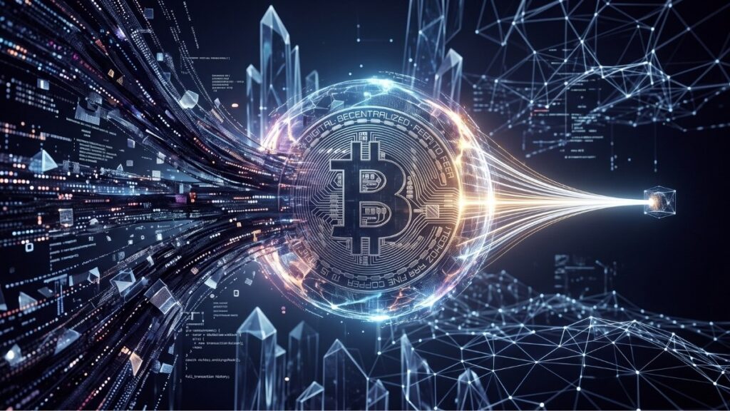 Visualización digital conceptual de la tecnología Utreexo para Bitcoin. En el centro, una esfera luminosa de color cobre con el símbolo de Bitcoin (₿) procesa un flujo denso y complejo de datos entrantes de blockchain por la izquierda, que fluyen hacia ella como un túnel. La esfera actúa como un acumulador que comprime la información en un único flujo estrecho y brillante de luz dorada que sale por la derecha hacia un pequeño cubo luminoso, que representa un nodo ligero. El fondo muestra un paisaje futurista de cristales azulados y redes de datos interconectadas.