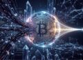 Visualización digital conceptual de la tecnología Utreexo para Bitcoin. En el centro, una esfera luminosa de color cobre con el símbolo de Bitcoin (₿) procesa un flujo denso y complejo de datos entrantes de blockchain por la izquierda, que fluyen hacia ella como un túnel. La esfera actúa como un acumulador que comprime la información en un único flujo estrecho y brillante de luz dorada que sale por la derecha hacia un pequeño cubo luminoso, que representa un nodo ligero. El fondo muestra un paisaje futurista de cristales azulados y redes de datos interconectadas.