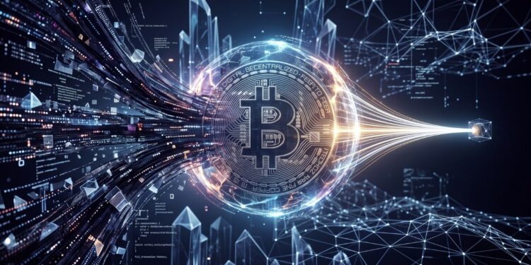 Visualización digital conceptual de la tecnología Utreexo para Bitcoin. En el centro, una esfera luminosa de color cobre con el símbolo de Bitcoin (₿) procesa un flujo denso y complejo de datos entrantes de blockchain por la izquierda, que fluyen hacia ella como un túnel. La esfera actúa como un acumulador que comprime la información en un único flujo estrecho y brillante de luz dorada que sale por la derecha hacia un pequeño cubo luminoso, que representa un nodo ligero. El fondo muestra un paisaje futurista de cristales azulados y redes de datos interconectadas.