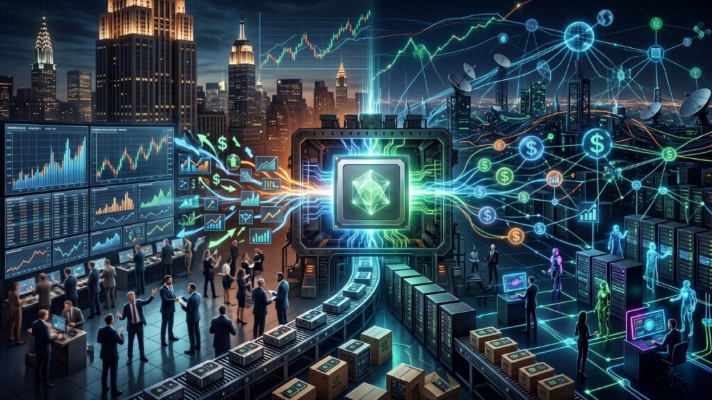 Ilustración futurista que simboliza la capacidad de cómputo como un activo financiero. En el centro, un colosal microprocesador brillante emite flujos de datos de colores que conectan dos mundos: a la izquierda, operadores de bolsa analizan pantallas con gráficos de mercado; a la derecha, una red global de servidores y antenas destaca con símbolos de dólares luminosos. Todo se desarrolla bajo el cielo nocturno de una metrópolis interconectada.
