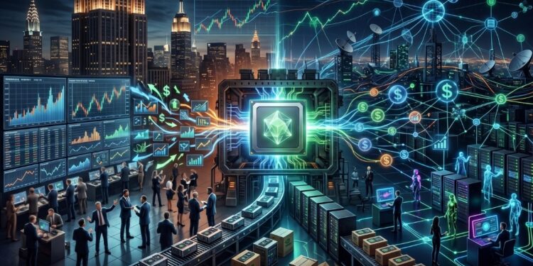 Ilustración futurista que simboliza la capacidad de cómputo como un activo financiero. En el centro, un colosal microprocesador brillante emite flujos de datos de colores que conectan dos mundos: a la izquierda, operadores de bolsa analizan pantallas con gráficos de mercado; a la derecha, una red global de servidores y antenas destaca con símbolos de dólares luminosos. Todo se desarrolla bajo el cielo nocturno de una metrópolis interconectada.