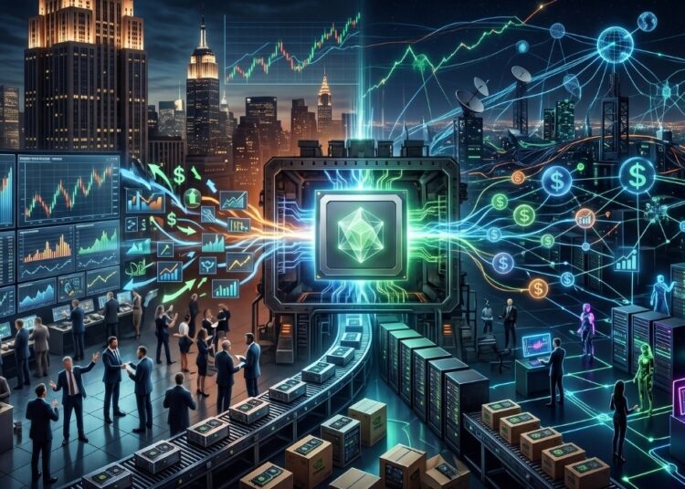 Ilustración futurista que simboliza la capacidad de cómputo como un activo financiero. En el centro, un colosal microprocesador brillante emite flujos de datos de colores que conectan dos mundos: a la izquierda, operadores de bolsa analizan pantallas con gráficos de mercado; a la derecha, una red global de servidores y antenas destaca con símbolos de dólares luminosos. Todo se desarrolla bajo el cielo nocturno de una metrópolis interconectada.