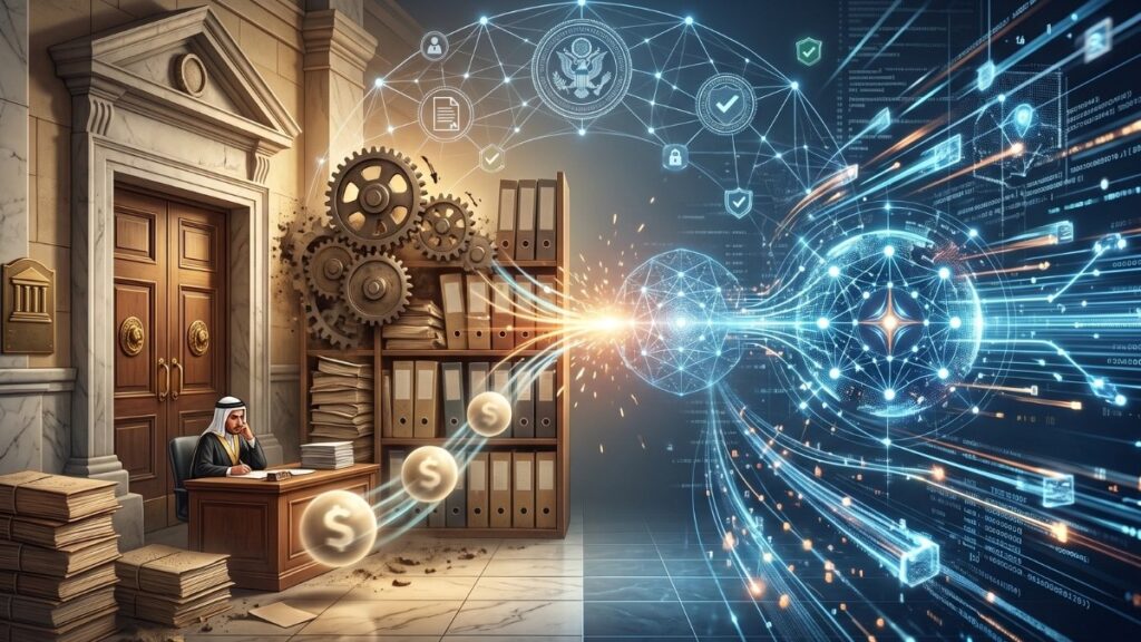 La imagen captura visualmente la tensión y el contraste entre las finanzas tradicionales y la emergente economía de la inteligencia artificial. En el lado izquierdo, un entorno clásico con engranajes físicos, documentos apilados y un oficinista humano representa los sistemas burocráticos del pasado, lentos y atados a procesos manuales de identificación. En contraste, el lado derecho despliega un ecosistema digital y futurista compuesto por nodos luminosos, flujos de datos y código abstracto, simbolizando la velocidad, autonomía y naturaleza programable de los agentes de IA. En el centro, símbolos monetarios brillantes trazan un puente entre ambos mundos, ilustrando el desafío actual de conectar la rígida infraestructura bancaria con la agilidad que requieren las nuevas tecnologías.