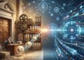 La imagen captura visualmente la tensión y el contraste entre las finanzas tradicionales y la emergente economía de la inteligencia artificial. En el lado izquierdo, un entorno clásico con engranajes físicos, documentos apilados y un oficinista humano representa los sistemas burocráticos del pasado, lentos y atados a procesos manuales de identificación. En contraste, el lado derecho despliega un ecosistema digital y futurista compuesto por nodos luminosos, flujos de datos y código abstracto, simbolizando la velocidad, autonomía y naturaleza programable de los agentes de IA. En el centro, símbolos monetarios brillantes trazan un puente entre ambos mundos, ilustrando el desafío actual de conectar la rígida infraestructura bancaria con la agilidad que requieren las nuevas tecnologías.