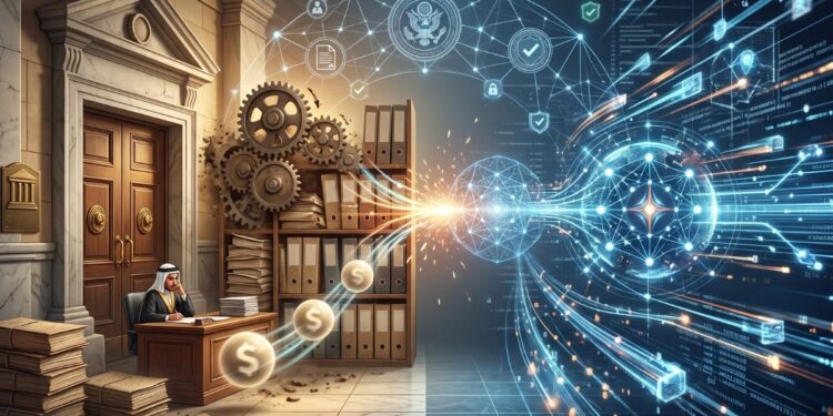 La imagen captura visualmente la tensión y el contraste entre las finanzas tradicionales y la emergente economía de la inteligencia artificial. En el lado izquierdo, un entorno clásico con engranajes físicos, documentos apilados y un oficinista humano representa los sistemas burocráticos del pasado, lentos y atados a procesos manuales de identificación. En contraste, el lado derecho despliega un ecosistema digital y futurista compuesto por nodos luminosos, flujos de datos y código abstracto, simbolizando la velocidad, autonomía y naturaleza programable de los agentes de IA. En el centro, símbolos monetarios brillantes trazan un puente entre ambos mundos, ilustrando el desafío actual de conectar la rígida infraestructura bancaria con la agilidad que requieren las nuevas tecnologías.