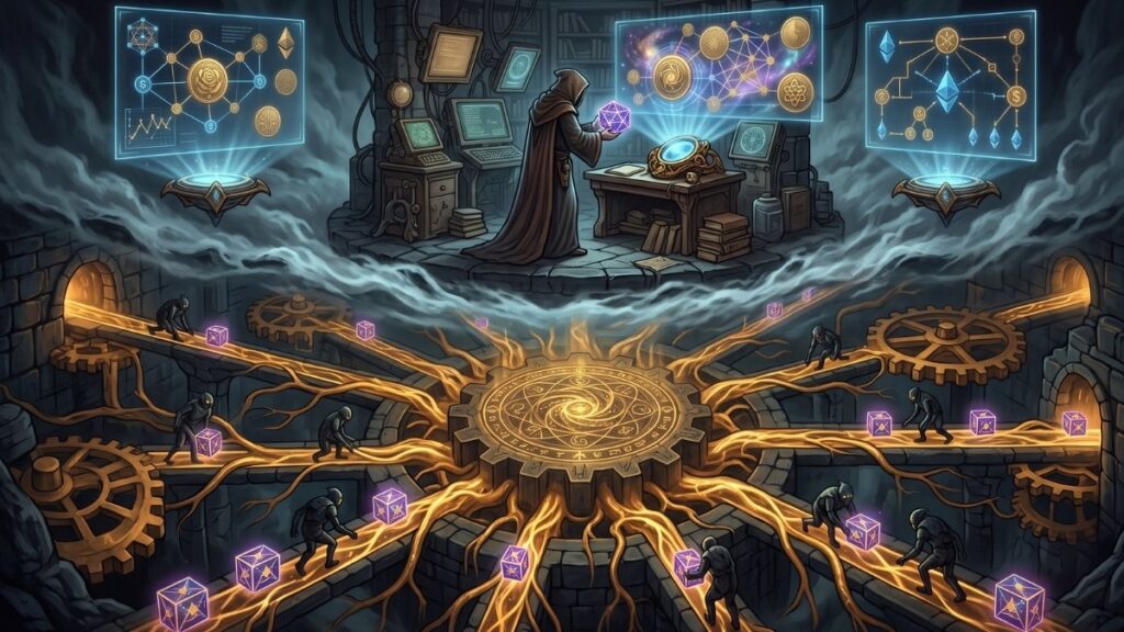 Una ilustración de fantasía que muestra una escena de dos niveles en una caverna subterránea. En el nivel superior, un mago encapuchado está de pie frente a una mesa con un orbe brillante, rodeado de estantes con libros, equipos de laboratorio antiguos y monitores de ordenador retro. Sobre él flotan tres pantallas holográficas que muestran diagramas de red abstractos y constelaciones formadas por gemas y símbolos alquímicos. En el nivel inferior, separado por una nube de humo, hay un complejo laberinto mecánico subterráneo hecho de piedra y engranajes gigantes. Varias figuras sombrías se mueven por pasarelas estrechas, llevando cubos púrpuras brillantes. Un enorme engranaje central de piedra tiene un sello de energía dorada y líneas de poder que se extienden como raíces a través de la piedra. La escena es oscura y mecánica, con el fuerte contraste de la luz de la energía mágica y la tecnología.