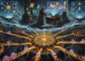 Una ilustración de fantasía que muestra una escena de dos niveles en una caverna subterránea. En el nivel superior, un mago encapuchado está de pie frente a una mesa con un orbe brillante, rodeado de estantes con libros, equipos de laboratorio antiguos y monitores de ordenador retro. Sobre él flotan tres pantallas holográficas que muestran diagramas de red abstractos y constelaciones formadas por gemas y símbolos alquímicos. En el nivel inferior, separado por una nube de humo, hay un complejo laberinto mecánico subterráneo hecho de piedra y engranajes gigantes. Varias figuras sombrías se mueven por pasarelas estrechas, llevando cubos púrpuras brillantes. Un enorme engranaje central de piedra tiene un sello de energía dorada y líneas de poder que se extienden como raíces a través de la piedra. La escena es oscura y mecánica, con el fuerte contraste de la luz de la energía mágica y la tecnología.