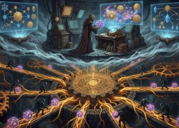 Una ilustración de fantasía que muestra una escena de dos niveles en una caverna subterránea. En el nivel superior, un mago encapuchado está de pie frente a una mesa con un orbe brillante, rodeado de estantes con libros, equipos de laboratorio antiguos y monitores de ordenador retro. Sobre él flotan tres pantallas holográficas que muestran diagramas de red abstractos y constelaciones formadas por gemas y símbolos alquímicos. En el nivel inferior, separado por una nube de humo, hay un complejo laberinto mecánico subterráneo hecho de piedra y engranajes gigantes. Varias figuras sombrías se mueven por pasarelas estrechas, llevando cubos púrpuras brillantes. Un enorme engranaje central de piedra tiene un sello de energía dorada y líneas de poder que se extienden como raíces a través de la piedra. La escena es oscura y mecánica, con el fuerte contraste de la luz de la energía mágica y la tecnología.