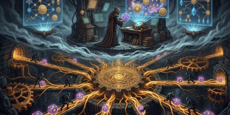 Una ilustración de fantasía que muestra una escena de dos niveles en una caverna subterránea. En el nivel superior, un mago encapuchado está de pie frente a una mesa con un orbe brillante, rodeado de estantes con libros, equipos de laboratorio antiguos y monitores de ordenador retro. Sobre él flotan tres pantallas holográficas que muestran diagramas de red abstractos y constelaciones formadas por gemas y símbolos alquímicos. En el nivel inferior, separado por una nube de humo, hay un complejo laberinto mecánico subterráneo hecho de piedra y engranajes gigantes. Varias figuras sombrías se mueven por pasarelas estrechas, llevando cubos púrpuras brillantes. Un enorme engranaje central de piedra tiene un sello de energía dorada y líneas de poder que se extienden como raíces a través de la piedra. La escena es oscura y mecánica, con el fuerte contraste de la luz de la energía mágica y la tecnología.