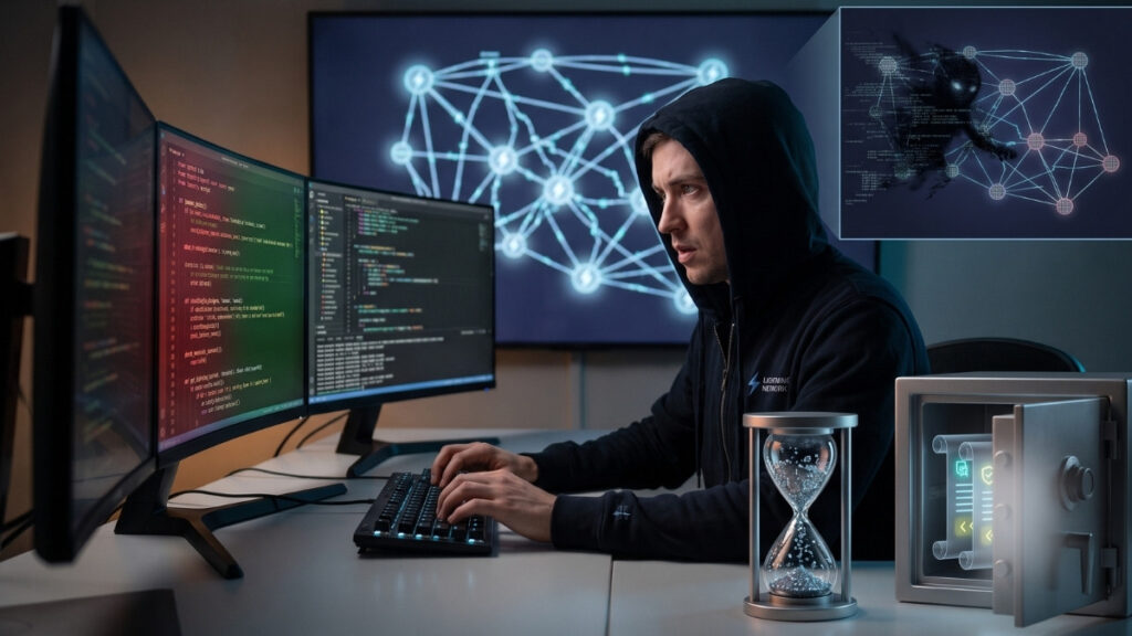 Un programador encapuchado trabaja con tensión frente a monitores que muestran líneas de código y una red de nodos iluminada. Sobre su escritorio destacan dos elementos simbólicos: un reloj de arena brillante que marca una cuenta regresiva y una caja fuerte metálica entreabierta que protege fragmentos de código luminoso en su interior, representando la retención estratégica de las pruebas. De fondo, una figura sombría intenta infiltrarse en la topología de la red, ilustrando la carrera contra el tiempo entre los desarrolladores que buscan proteger el sistema y los atacantes que intentan descifrar la vulnerabilidad.