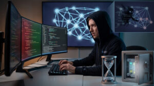 Un programador encapuchado trabaja con tensión frente a monitores que muestran líneas de código y una red de nodos iluminada. Sobre su escritorio destacan dos elementos simbólicos: un reloj de arena brillante que marca una cuenta regresiva y una caja fuerte metálica entreabierta que protege fragmentos de código luminoso en su interior, representando la retención estratégica de las pruebas. De fondo, una figura sombría intenta infiltrarse en la topología de la red, ilustrando la carrera contra el tiempo entre los desarrolladores que buscan proteger el sistema y los atacantes que intentan descifrar la vulnerabilidad.