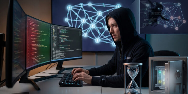 Un programador encapuchado trabaja con tensión frente a monitores que muestran líneas de código y una red de nodos iluminada. Sobre su escritorio destacan dos elementos simbólicos: un reloj de arena brillante que marca una cuenta regresiva y una caja fuerte metálica entreabierta que protege fragmentos de código luminoso en su interior, representando la retención estratégica de las pruebas. De fondo, una figura sombría intenta infiltrarse en la topología de la red, ilustrando la carrera contra el tiempo entre los desarrolladores que buscan proteger el sistema y los atacantes que intentan descifrar la vulnerabilidad.