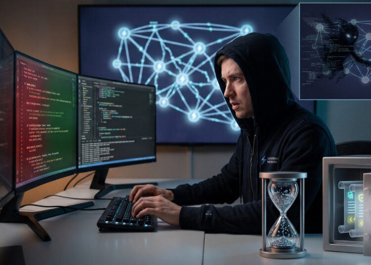 Un programador encapuchado trabaja con tensión frente a monitores que muestran líneas de código y una red de nodos iluminada. Sobre su escritorio destacan dos elementos simbólicos: un reloj de arena brillante que marca una cuenta regresiva y una caja fuerte metálica entreabierta que protege fragmentos de código luminoso en su interior, representando la retención estratégica de las pruebas. De fondo, una figura sombría intenta infiltrarse en la topología de la red, ilustrando la carrera contra el tiempo entre los desarrolladores que buscan proteger el sistema y los atacantes que intentan descifrar la vulnerabilidad.