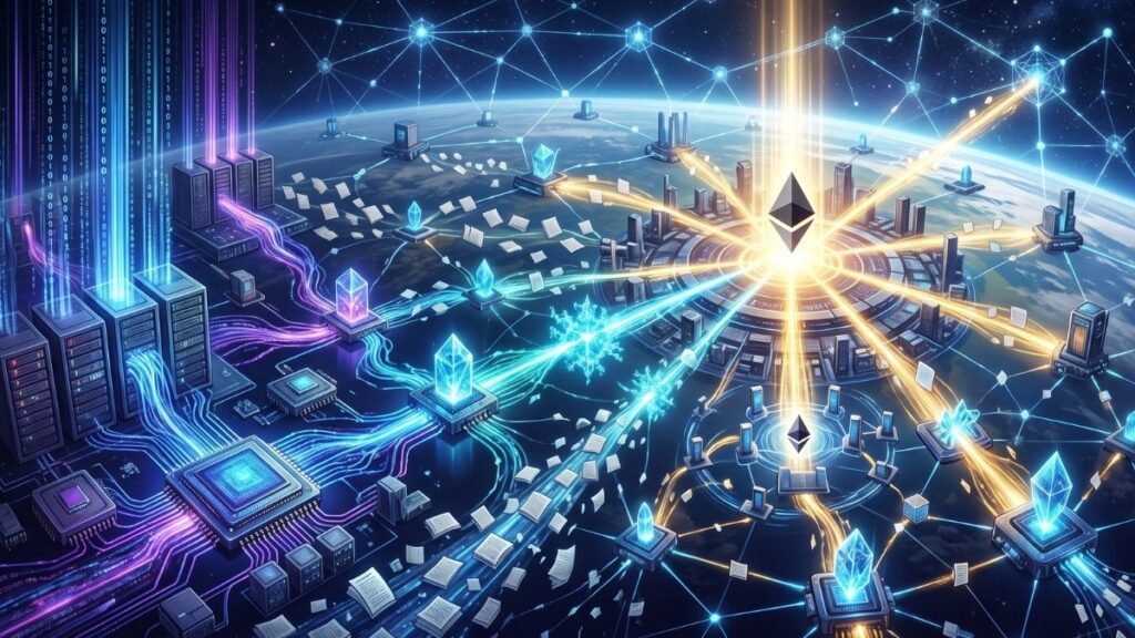 en primer plano, diversas máquinas especializadas y nodos descentralizados ejecutan cálculos intensivos, simbolizados por flujos de luz densos y energía en tonos azul y púrpura, y generan «pruebas» geométricas y abstractas (fractales de luz cian). Estas pruebas cortas viajan a través de una red de hilos de luz y códigos visuales hacia un núcleo central monumental y radiante (que representa la capa base de Ethereum), el cual brilla intensamente al verificar rápidamente las pruebas y establecer el estado válido, coordinando todo el sistema. Símbolos abstractos de fragmentos de datos y muestreo (PeerDAS) flotan entre los nodos, mientras que la red completa funciona de manera armónica en un paisaje cibernético futurista bajo una atmósfera tecnológica y cósmica, reflejando una evolución hacia la verificación descentralizada y la cooperación a gran escala.