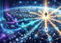 en primer plano, diversas máquinas especializadas y nodos descentralizados ejecutan cálculos intensivos, simbolizados por flujos de luz densos y energía en tonos azul y púrpura, y generan «pruebas» geométricas y abstractas (fractales de luz cian). Estas pruebas cortas viajan a través de una red de hilos de luz y códigos visuales hacia un núcleo central monumental y radiante (que representa la capa base de Ethereum), el cual brilla intensamente al verificar rápidamente las pruebas y establecer el estado válido, coordinando todo el sistema. Símbolos abstractos de fragmentos de datos y muestreo (PeerDAS) flotan entre los nodos, mientras que la red completa funciona de manera armónica en un paisaje cibernético futurista bajo una atmósfera tecnológica y cósmica, reflejando una evolución hacia la verificación descentralizada y la cooperación a gran escala.