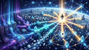 en primer plano, diversas máquinas especializadas y nodos descentralizados ejecutan cálculos intensivos, simbolizados por flujos de luz densos y energía en tonos azul y púrpura, y generan «pruebas» geométricas y abstractas (fractales de luz cian). Estas pruebas cortas viajan a través de una red de hilos de luz y códigos visuales hacia un núcleo central monumental y radiante (que representa la capa base de Ethereum), el cual brilla intensamente al verificar rápidamente las pruebas y establecer el estado válido, coordinando todo el sistema. Símbolos abstractos de fragmentos de datos y muestreo (PeerDAS) flotan entre los nodos, mientras que la red completa funciona de manera armónica en un paisaje cibernético futurista bajo una atmósfera tecnológica y cósmica, reflejando una evolución hacia la verificación descentralizada y la cooperación a gran escala.
