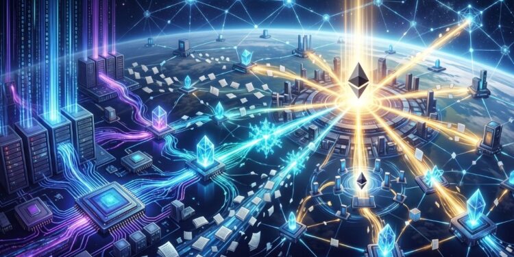 en primer plano, diversas máquinas especializadas y nodos descentralizados ejecutan cálculos intensivos, simbolizados por flujos de luz densos y energía en tonos azul y púrpura, y generan «pruebas» geométricas y abstractas (fractales de luz cian). Estas pruebas cortas viajan a través de una red de hilos de luz y códigos visuales hacia un núcleo central monumental y radiante (que representa la capa base de Ethereum), el cual brilla intensamente al verificar rápidamente las pruebas y establecer el estado válido, coordinando todo el sistema. Símbolos abstractos de fragmentos de datos y muestreo (PeerDAS) flotan entre los nodos, mientras que la red completa funciona de manera armónica en un paisaje cibernético futurista bajo una atmósfera tecnológica y cósmica, reflejando una evolución hacia la verificación descentralizada y la cooperación a gran escala.