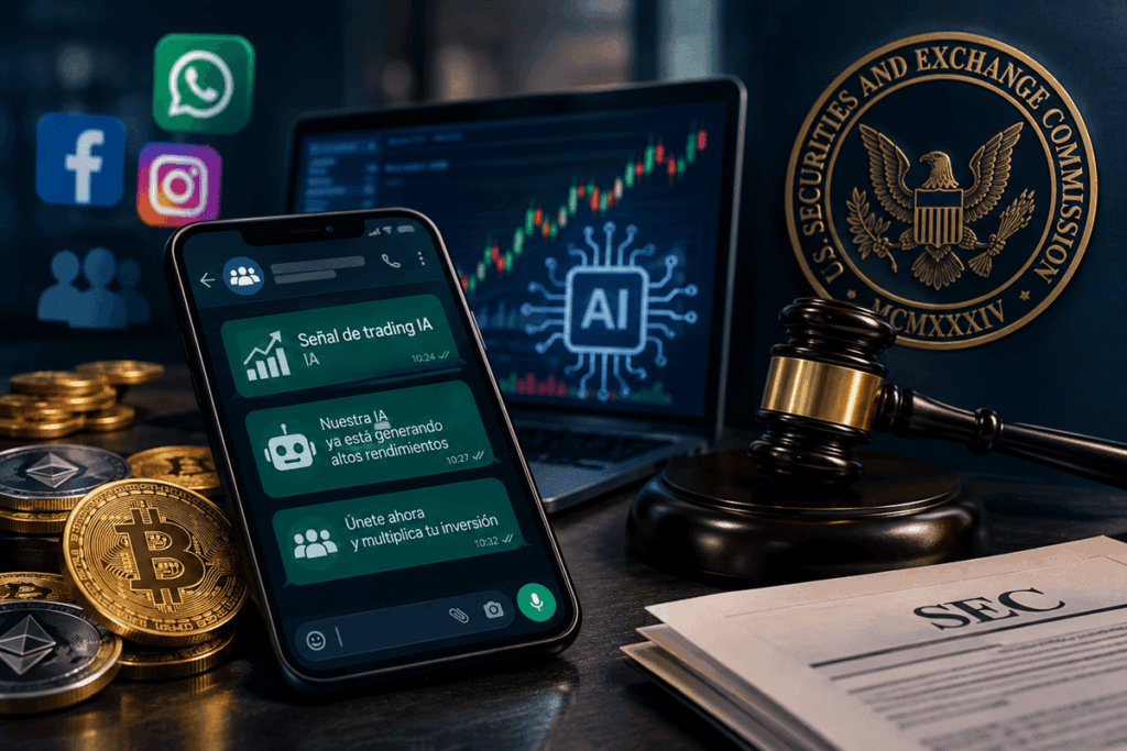 Teléfono con mensajes de inversión en IA, criptomonedas, un mazo y el sello de la SEC.