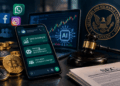 Teléfono con mensajes de inversión en IA, criptomonedas, un mazo y el sello de la SEC.