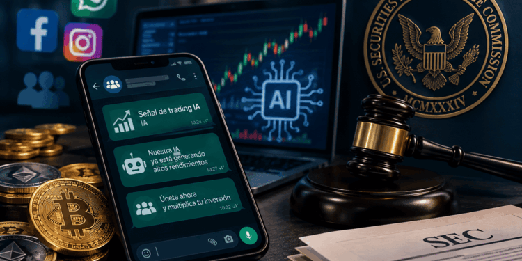 Teléfono con mensajes de inversión en IA, criptomonedas, un mazo y el sello de la SEC.