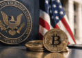 Logo de la SEC, unos bitcoins.