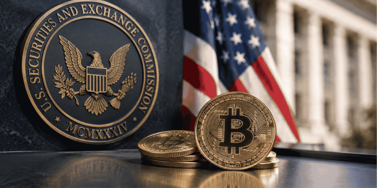 Logo de la SEC, unos bitcoins.