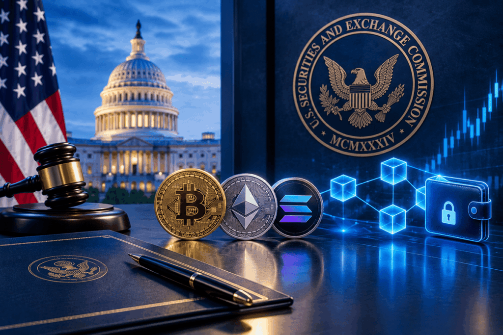 Capitolio de EE. UU. junto a criptomonedas y tecnología blockchain.