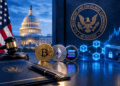 Capitolio de EE. UU. junto a criptomonedas y tecnología blockchain.