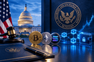 Capitolio de EE. UU. junto a criptomonedas y tecnología blockchain.