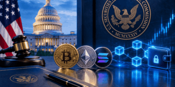 Capitolio de EE. UU. junto a criptomonedas y tecnología blockchain.