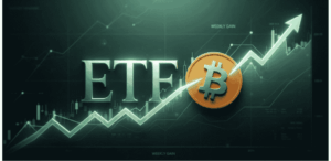 La palabra "ETF" y el logo de BTC con gráficos verdes.