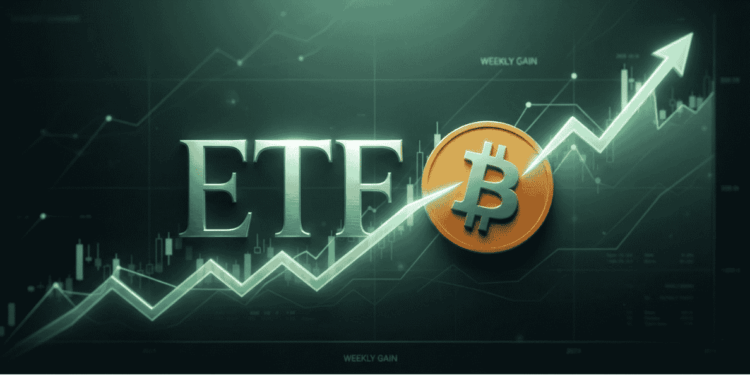 La palabra "ETF" y el logo de BTC con gráficos verdes.